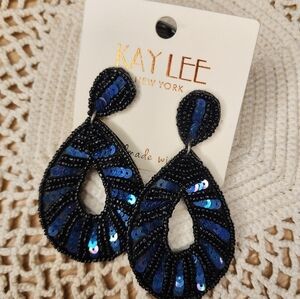 Kay Lee Black and Blue Sequin Earrings, Boho, New